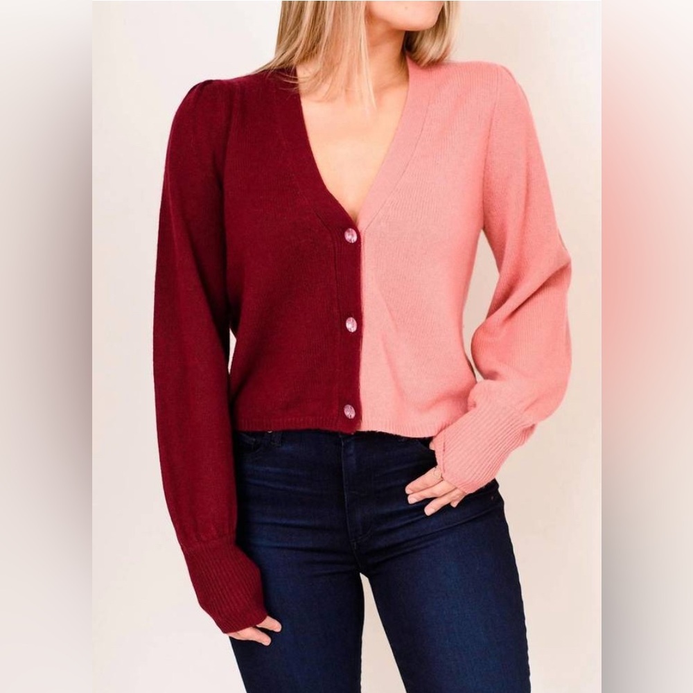 Cami NYC Maya colorblock merino wool cardigan pink burgundy